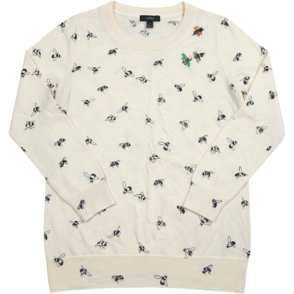 J.Crew Tippi Sweater Womens Small Ivory Merino Wool Bee Print Embellished Knit